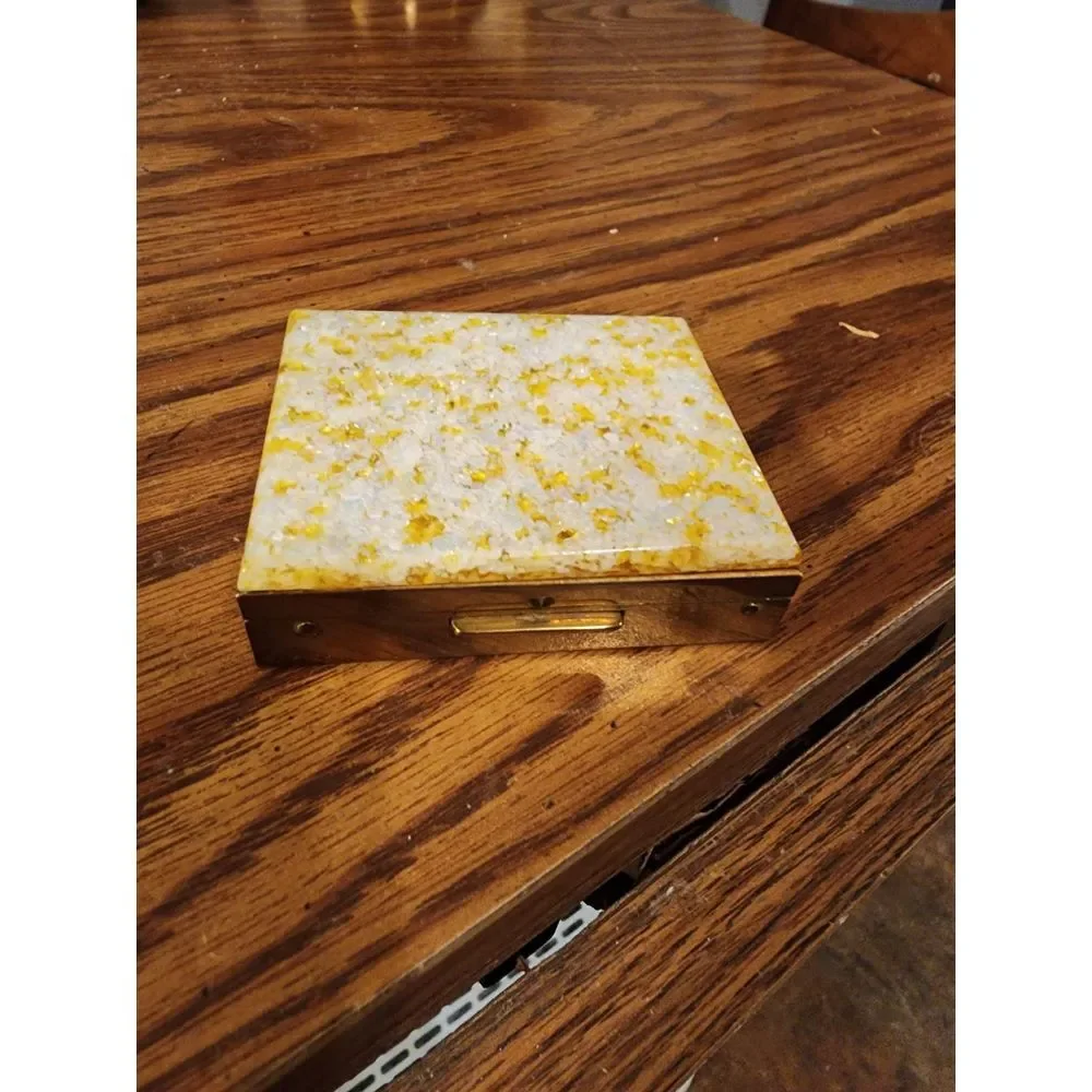 Vintage GOLD SUSPENDED FLAKES Lucite Brass Rectangle Loose Powder Compact Mirror